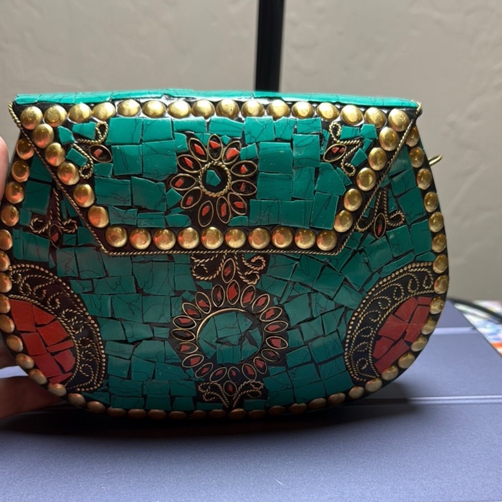 Ramla Mosaic Clutch — Turquoise with Gold Accents